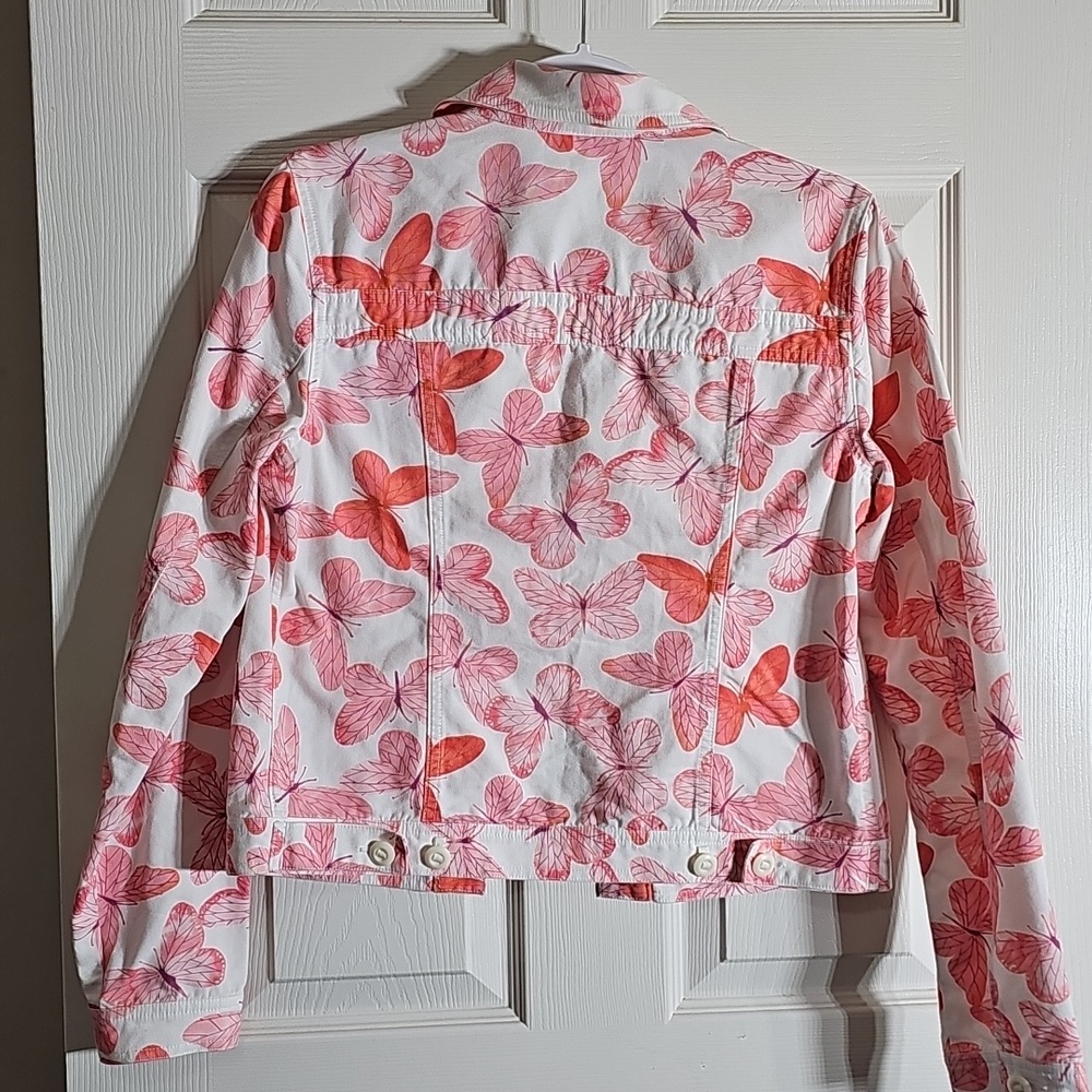 Liz Claiborne 100% Cotton Denim Pink White Butterfly Jacket Spring Size S - Picture 2 of 8